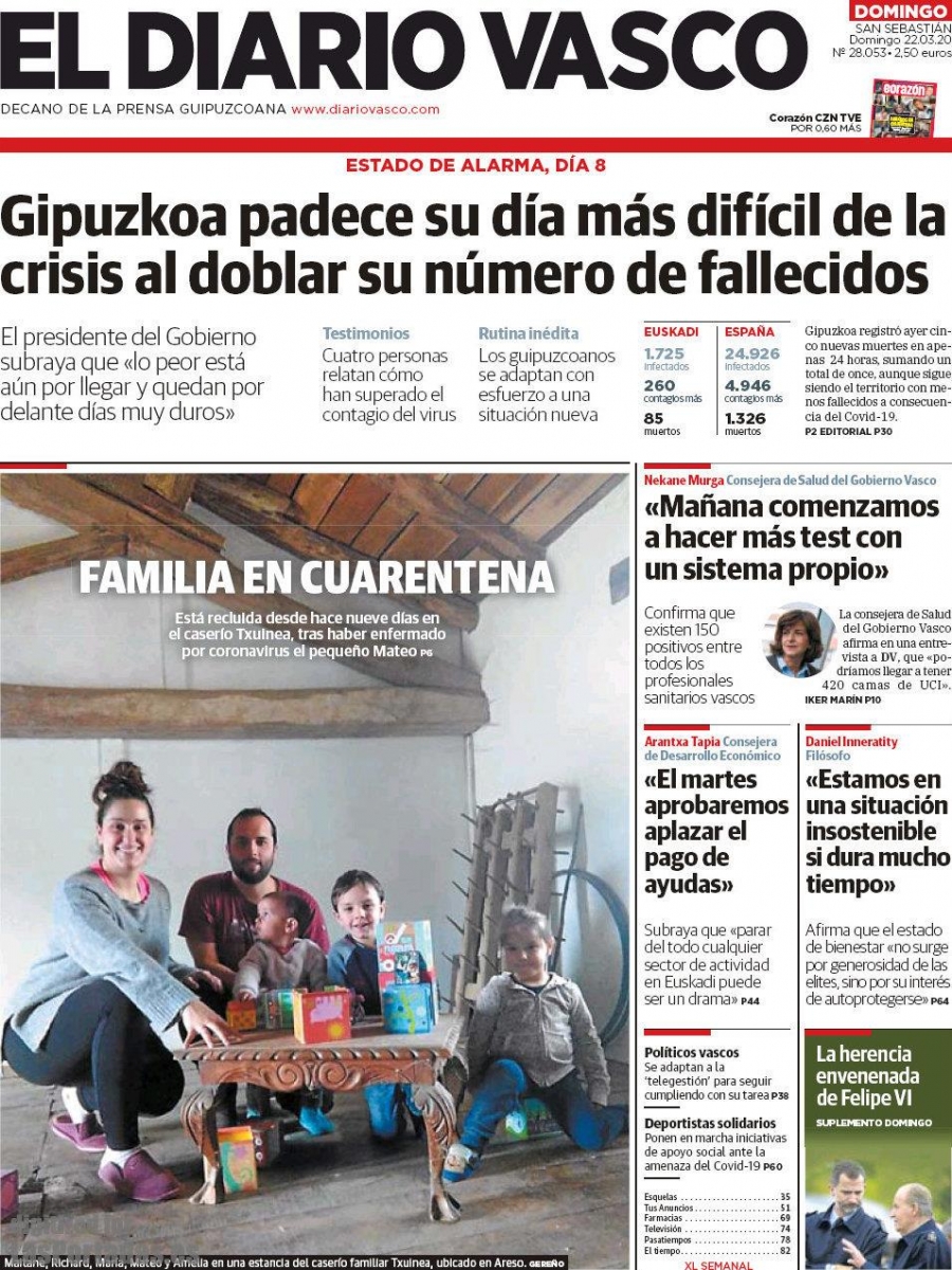 El Diario Vasco (portada). Guipuzkoa padece su da ms difcil de la crisis al doblar su numero de fallecidos (CORONAVIRUS 22-03-2020).