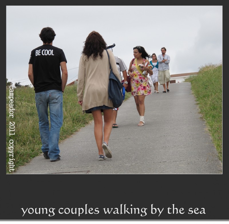 young couples walking by the sea